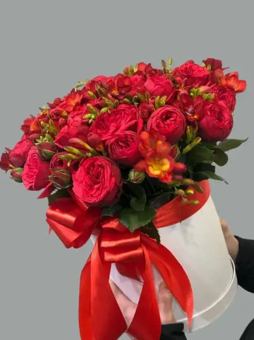 Коробка из пионов и фрезии-купить в Сочи