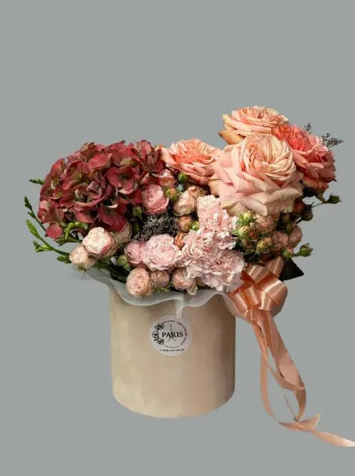 Гортензия и розы в коробке-купить в Сочи